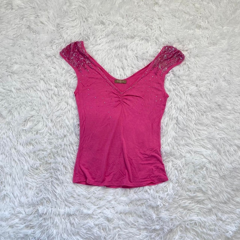 y2k pink cinched sequin off shoulder top small